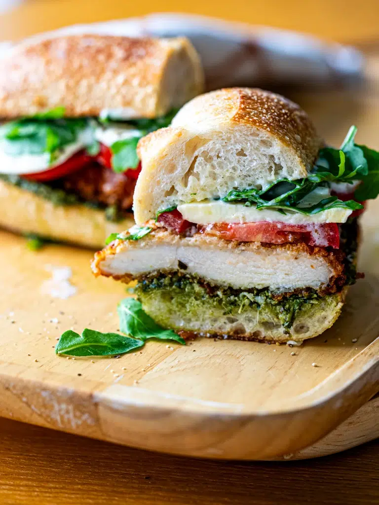 Side view of crispy chicken pesto sandwich cut in half, showing layers of chicken, pesto, and melted cheese