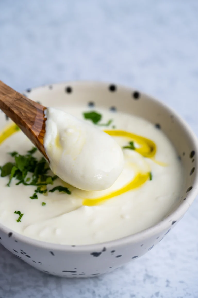 Thick and creamy garlic yoghurt sauce in a saucer bowl, lifted with a wooden spoon