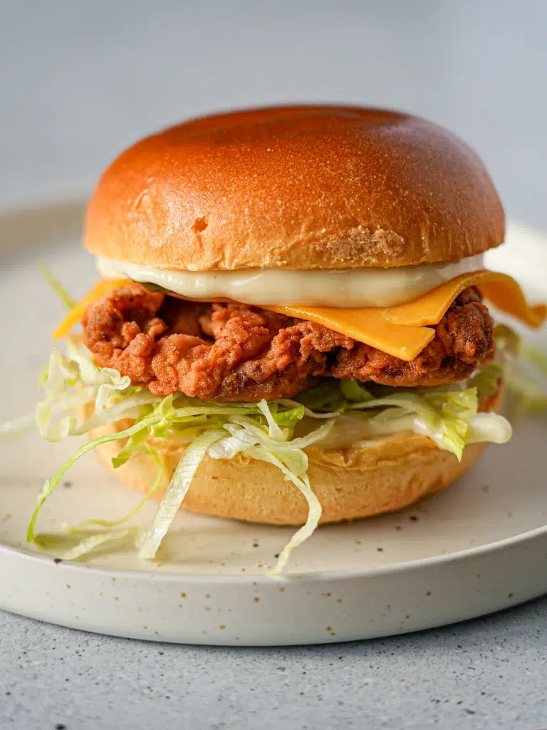Southern fried chicken burger featuring a crispy fried chicken patty, lettuce, tomato, and pickles on a toasted bun